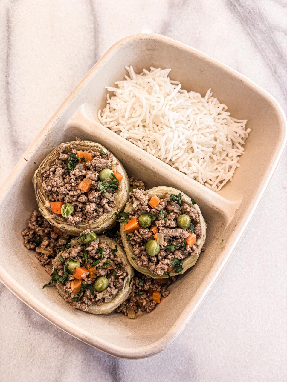 Artichoke hearts with minced beef & rice