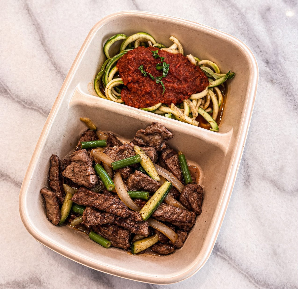 Keto steak bowl + Zoodles Marinara