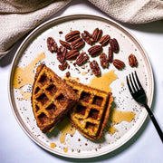 Pumpkin waffles + maple syrup